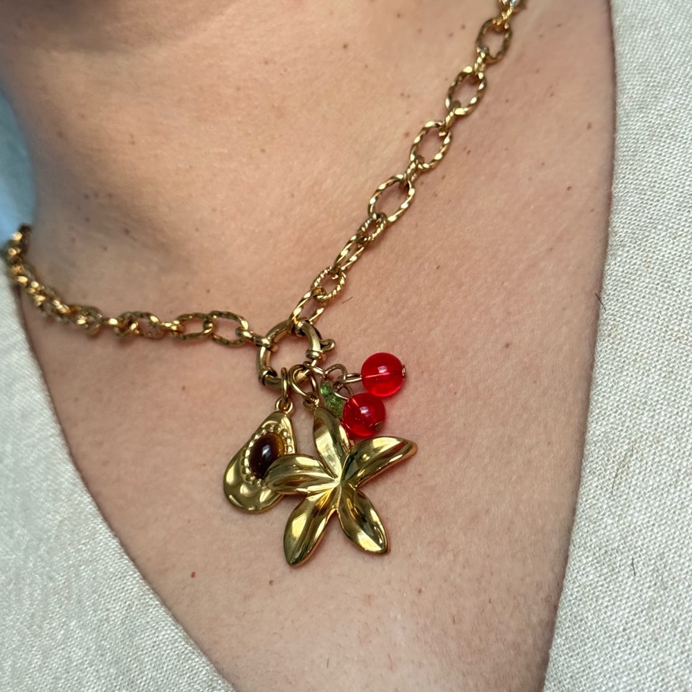Gold Chain Necklace with Strawberry and Flower Charms - Picture 3 of 7